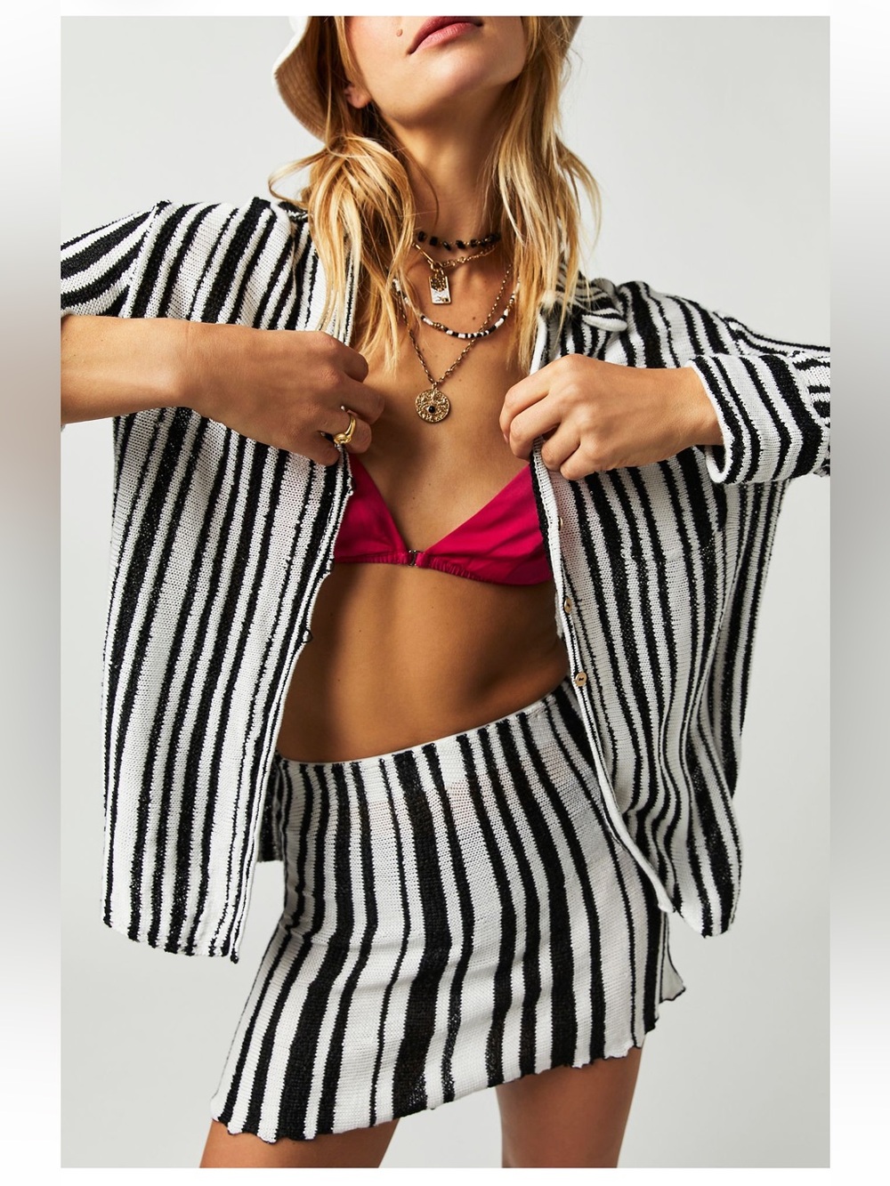 Free People Beach Bash Sequin Black White Striped Knit 2pc Set M Skirt Button Up